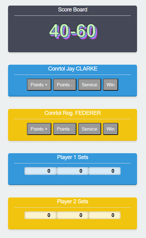Compact tennis scoreboard web interface with point controls, service buttons and set scores for two players